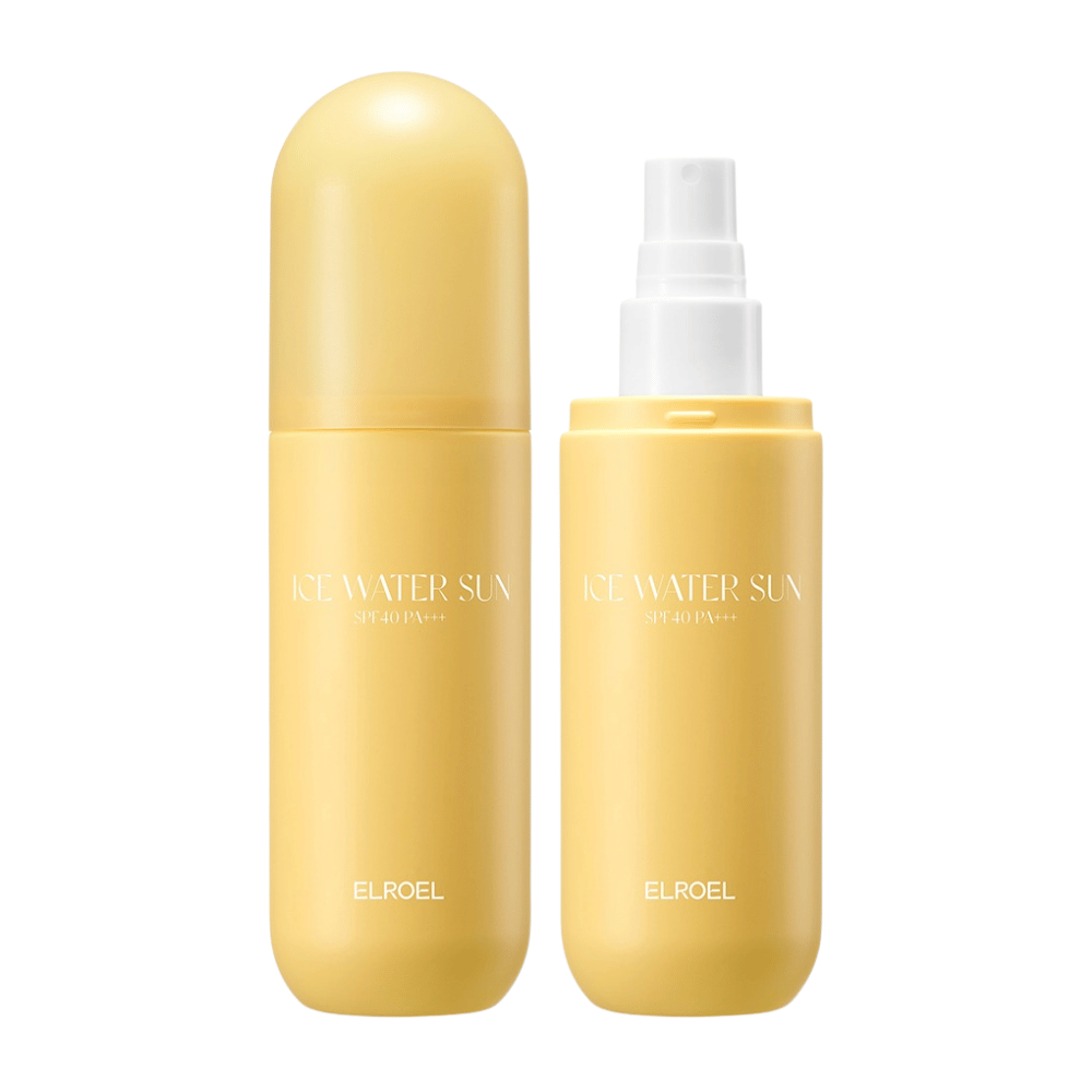 ELROEL Ice Water Sun Mist SPF 40 PA+++ produktový obrázok so zatvorenou a otvorenou fľašou, ktorý ukazuje praktický dizajn na jednoduchú aplikáciu opaľovacieho krému v spreji