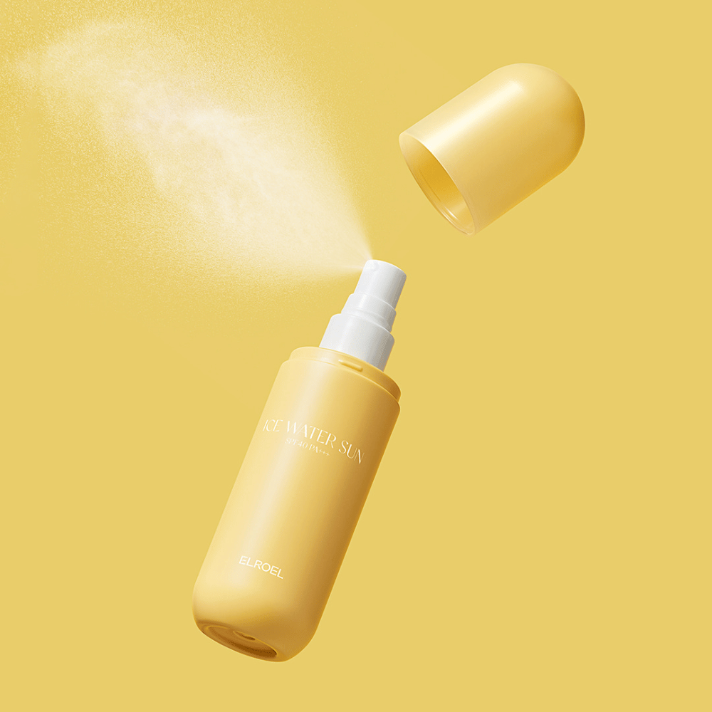 ELROEL Ice Water Sun Mist SPF 40 PA+++ fľaša v spreji s odnímateľným uzáverom a rovnomerným rozprašovaním, ktorá chráni pokožku pred UV žiarením a poskytuje osviežujúci efekt