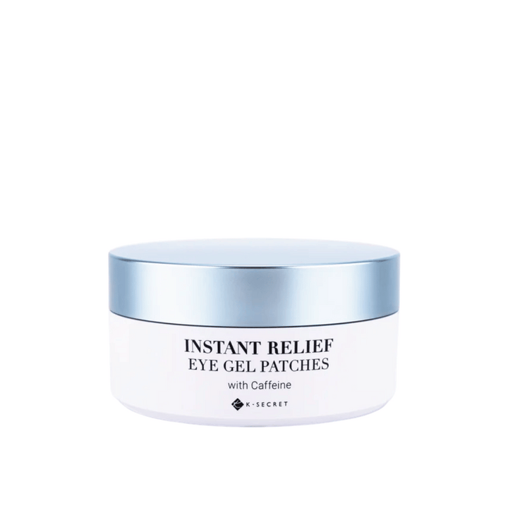 Nádoba s K-Secret Instant Relief Eye Gel Patches s kofeínom a modrým viečkom.