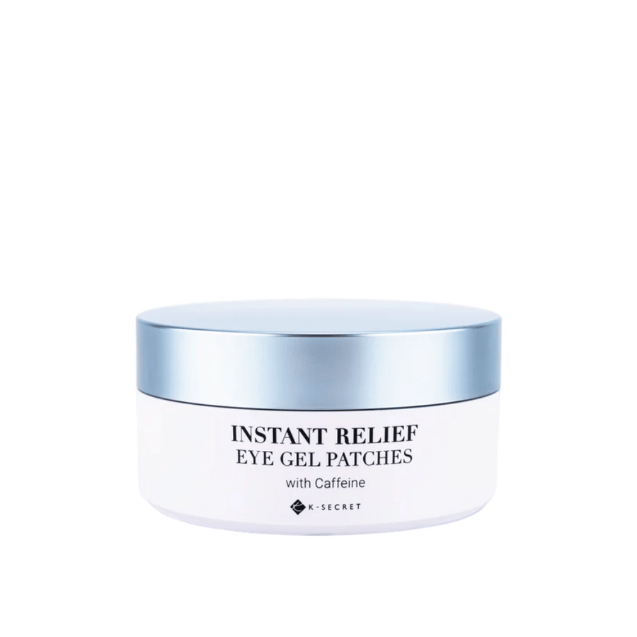 Nádoba s K-Secret Instant Relief Eye Gel Patches s kofeínom a modrým viečkom.