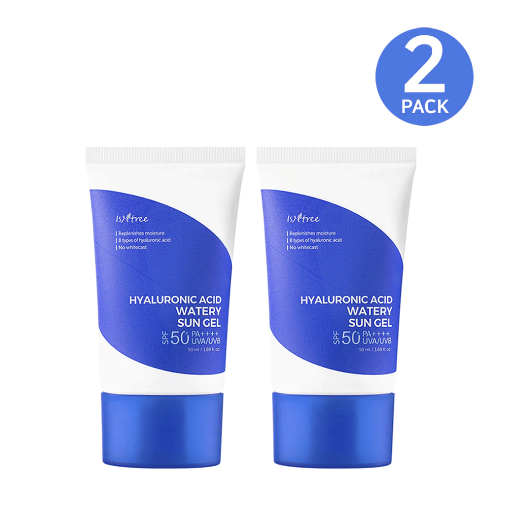 Dve tuby Isntree Hyaluronic Acid Watery Sun Gel Set s SPF 50+ opaľovacím setom.