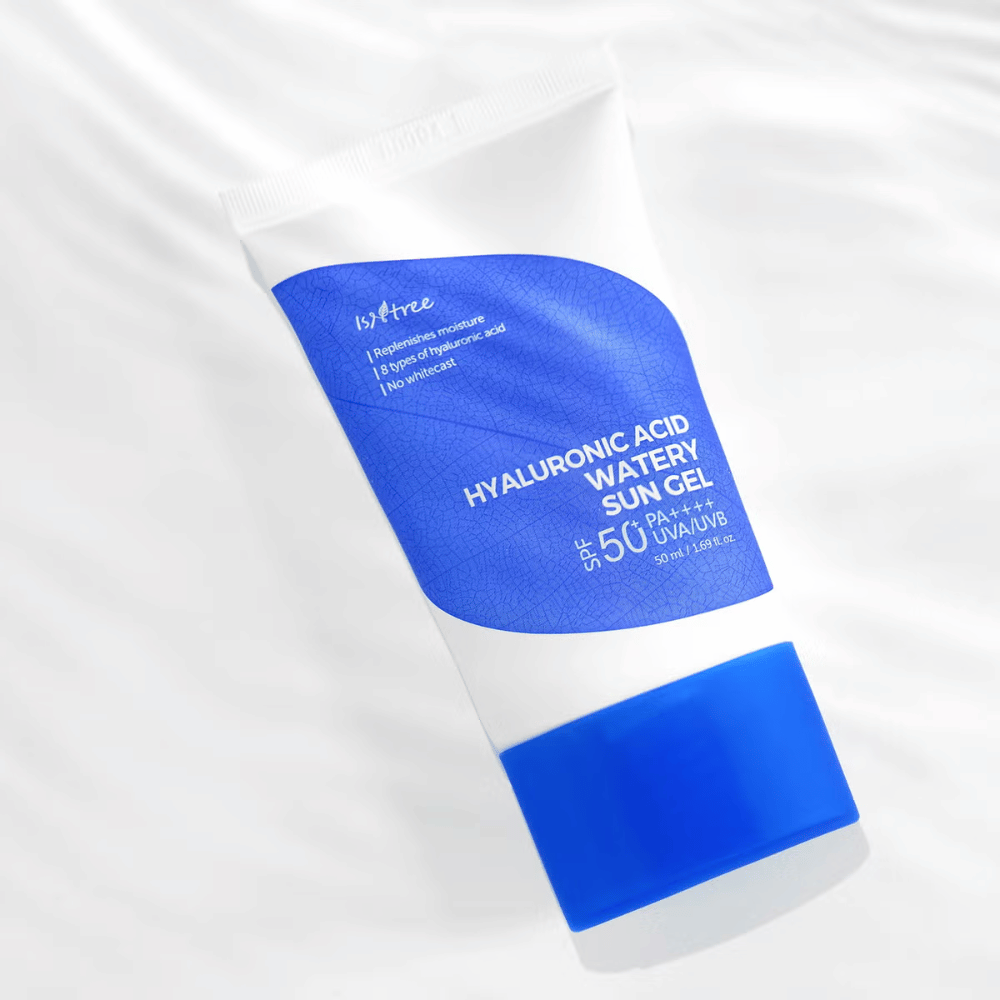 Isntree Hyaluronic Acid Watery Sun Gel SPF50+ PA++++ 50ml – kórejský opaľovací krém s 8 typmi kyseliny hyalurónovej pre intenzívnu hydratáciu a UV ochranu.