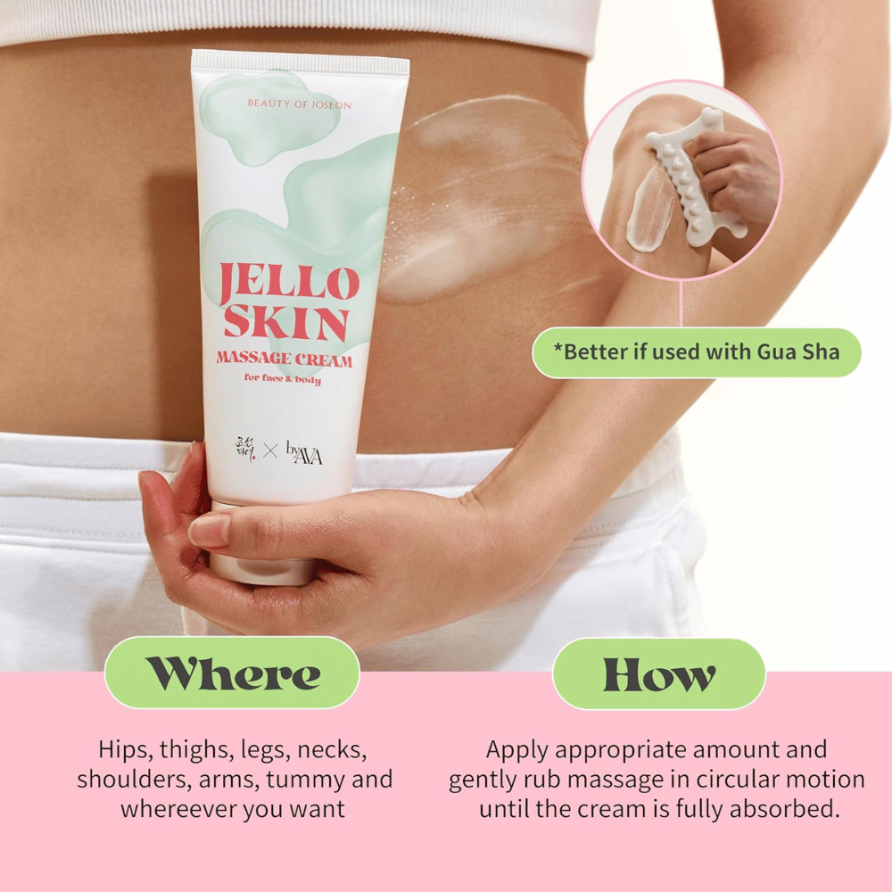Beauty of Joseon Jello Skin Massage Cream sa používa na brucho a telo na hydratačnú masáž s jemným a príjemným sklzom.