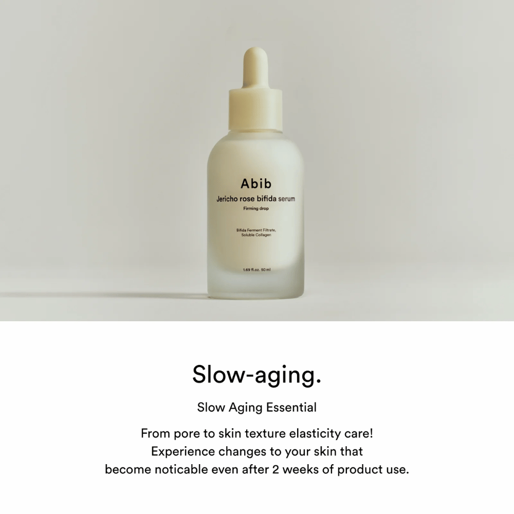 Minimalistický produktový obrázok Abib Jericho Rose Bifida Serum Firming Drop so zameraním na slow-aging a elasticitu pleti.