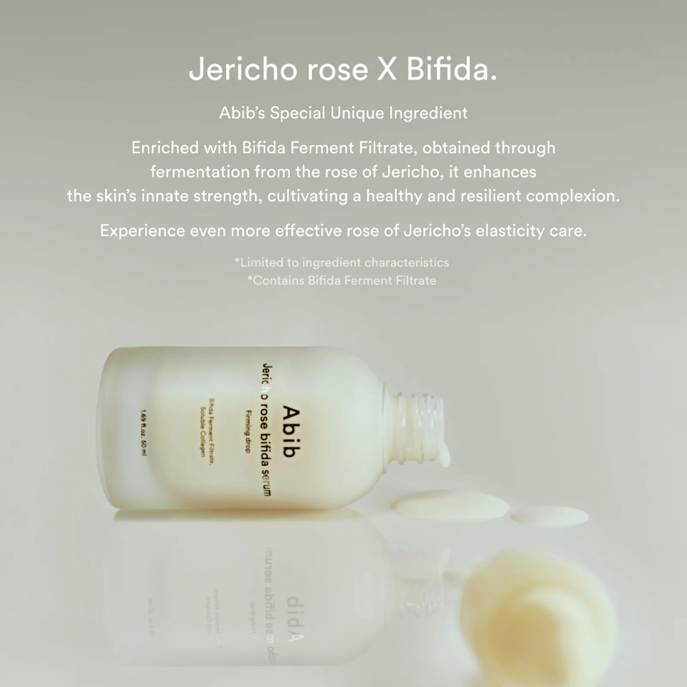 Informačný obrázok, ktorý vyzdvihuje kombináciu Jericho Rose a Bifida Ferment Filtrate pre silnejšiu a pružnejšiu pleť.