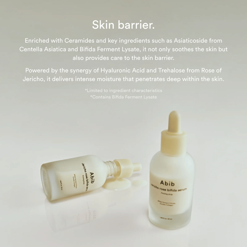 Produktový obrázok Abib Jericho Rose Bifida Serum spolu s informáciami o kožnej bariére, ceramidoch a intenzívnej hydratácii.
