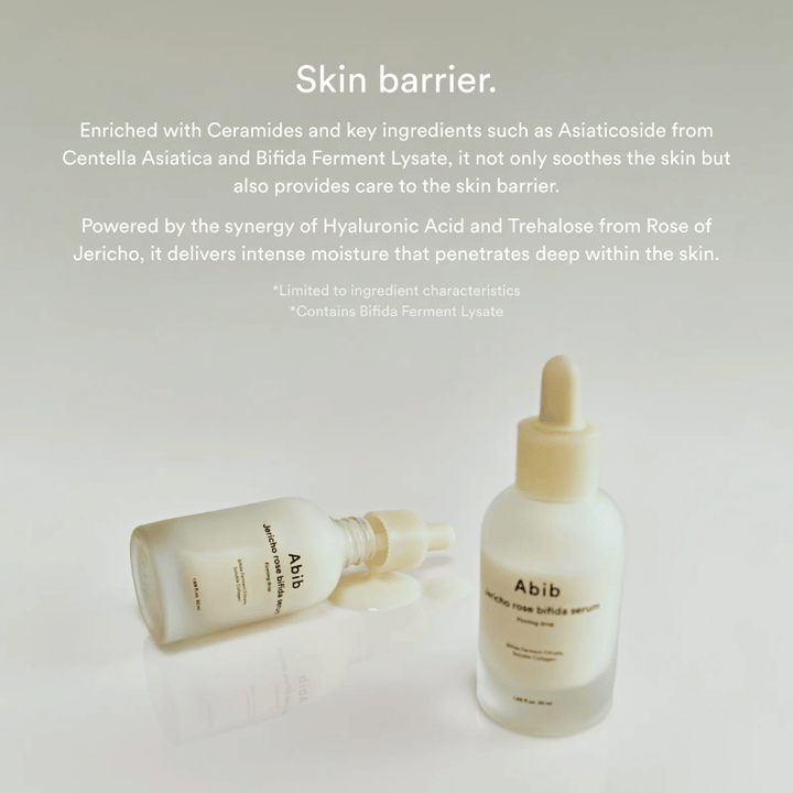 Produktový obrázok Abib Jericho Rose Bifida Serum spolu s informáciami o kožnej bariére, ceramidoch a intenzívnej hydratácii.