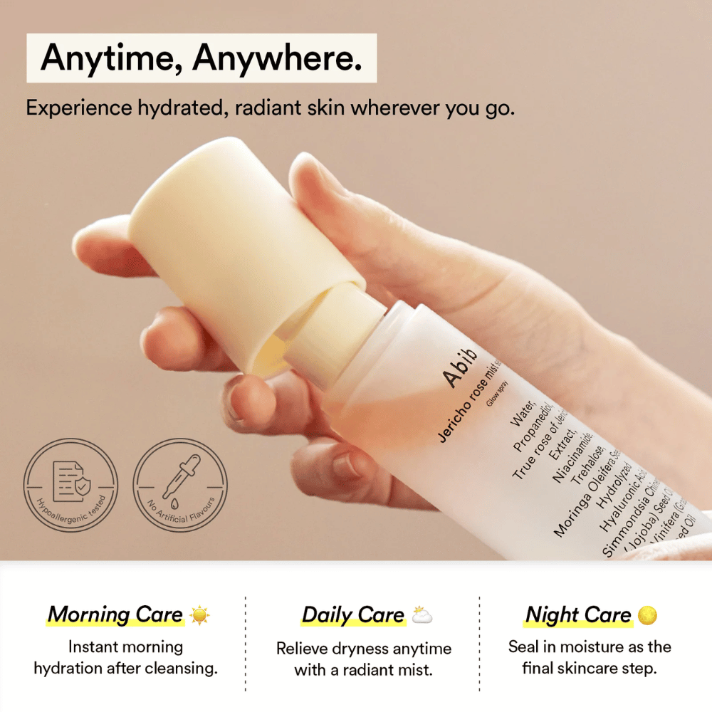 Abib Jericho Rose Mist Serum sa používa počas dňa pre hydratovanú pokožku. Perfektné pre rannú, dennú a večernú starostlivosť.