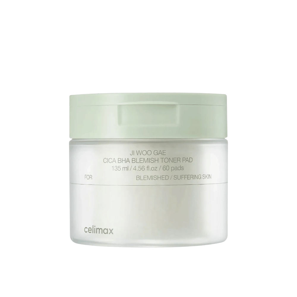 Produktový obrázok Celimax Ji Woo Gae Cica BHA Blemish Toner Pad 135 ml so 60 podložkami pre citlivú a aknóznu pleť.