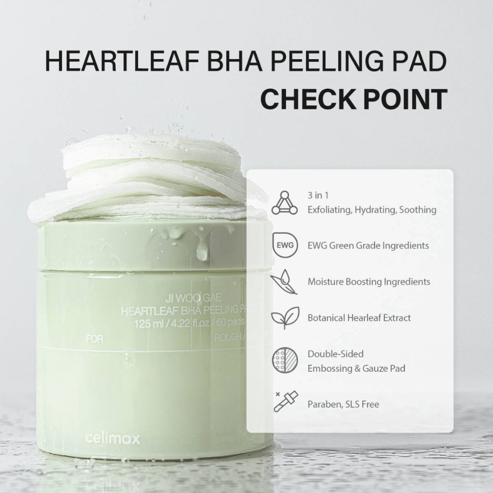 Celimax Ji Woo Gae Heartleaf BHA Peeling Pad je multifunkčný produkt, ktorý exfoliuje, hydratuje a upokojuje pokožku. S klasifikáciou EWG zelená obsahuje hydratačné zložky a botanický extrakt z listov srdcovníka.