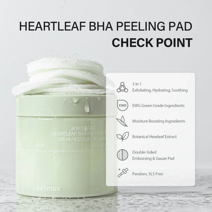 Celimax Ji Woo Gae Heartleaf BHA Peeling Pad je multifunkčný produkt, ktorý exfoliuje, hydratuje a upokojuje pokožku. S klasifikáciou EWG zelená obsahuje hydratačné zložky a botanický extrakt z listov srdcovníka.