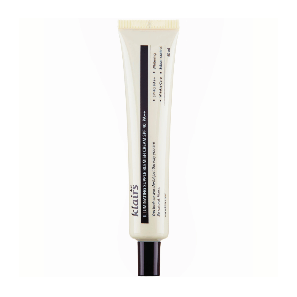Tuba Klairs Illuminating Supple Blemish Cream SPF40 PA++, tónovaný denný krém, na bielom pozadí.