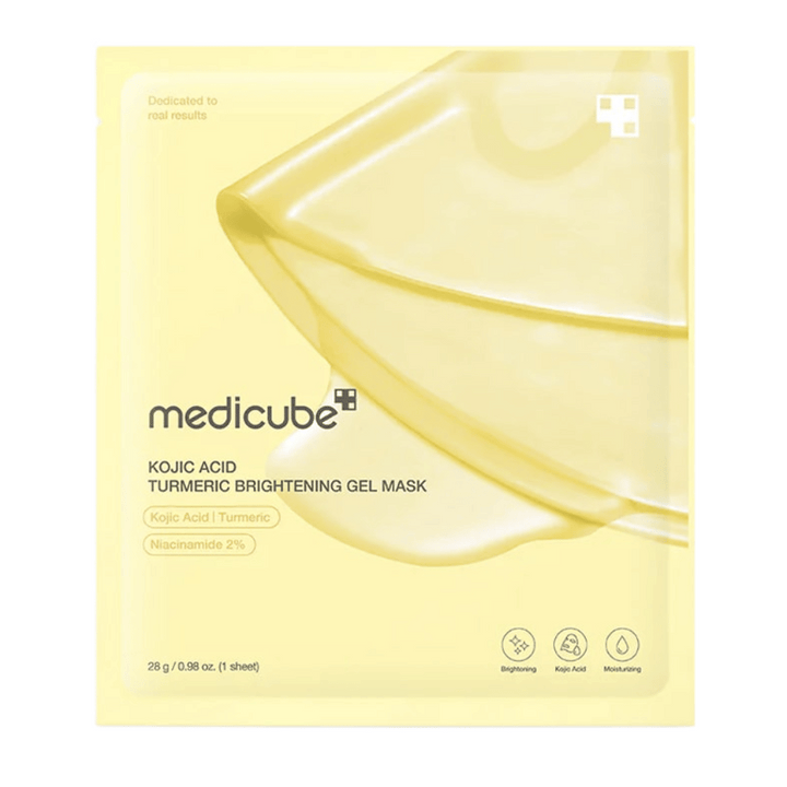 Medicube Kojic Acid Turmeric Brightening Gel Mask – žlté balenie s obrázkom gélovej masky a jasne označenými zložkami.
