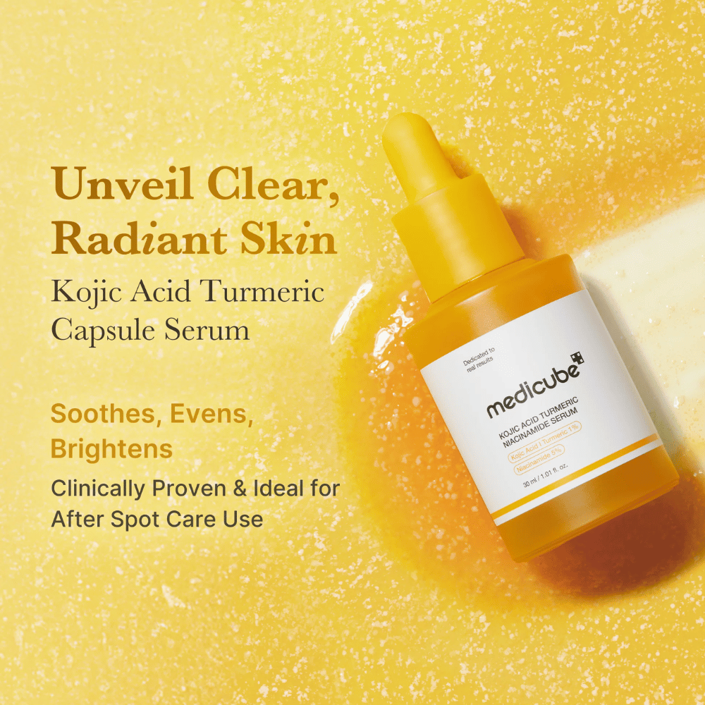 Kampaňový obrázok Medicube Kojic Acid Turmeric Niacinamide Serum so silnou žltou farebnou paletou, ktorá zvýrazňuje glow, jas a vlastnosti zlepšujúce stav pleti. Dôraz sa kladie na upokojenie pleti, zjednotenie tónu pleti a dosiahnutie jasnejšieho vzhľadu po post-acne care.