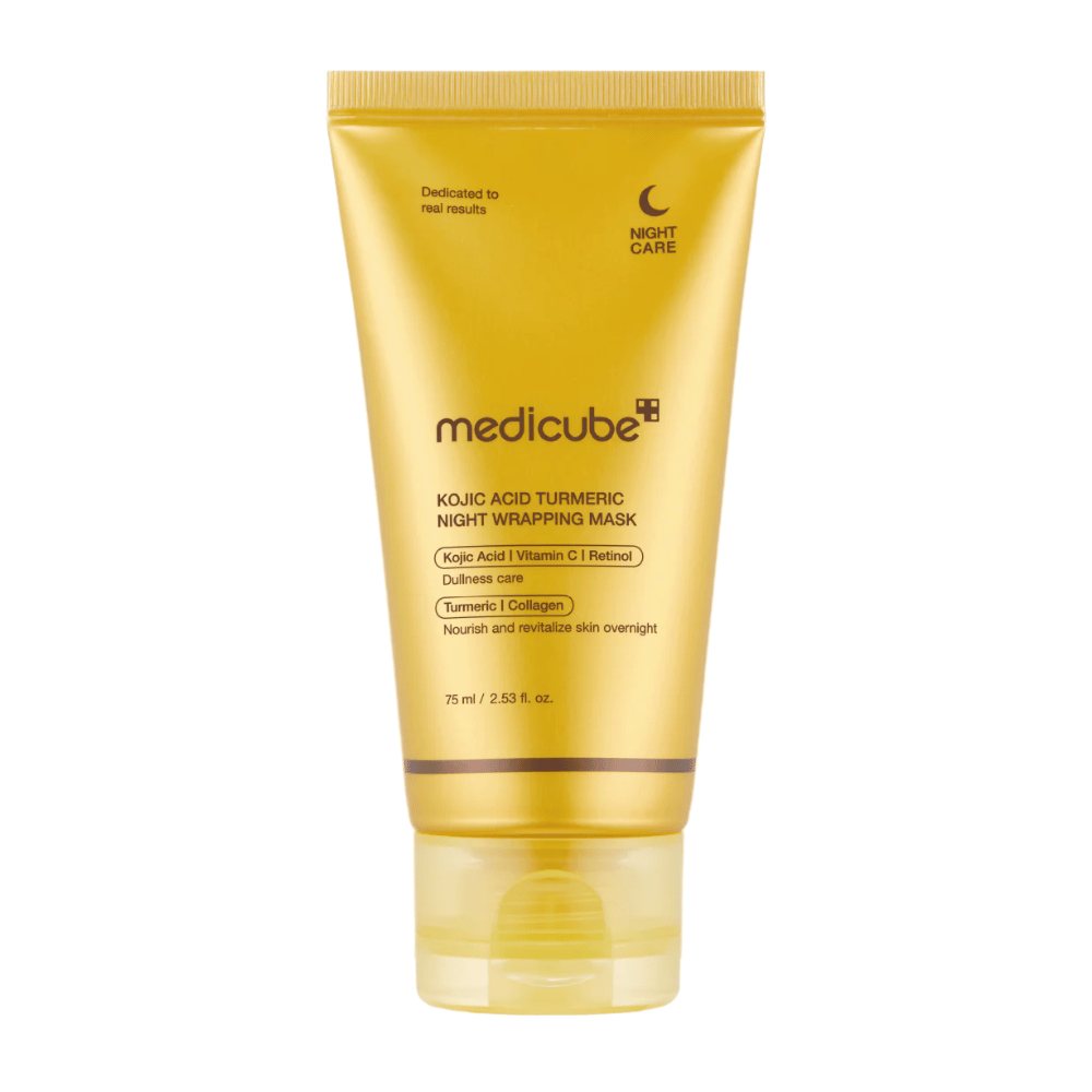 Medicube Kojic Acid Turmeric Night Wrapping Mask 75 ml v zlatom balení s kyselinou kojovou, kurkumou, vitamínom C a kolagénom na nočnú starostlivosť pre žiarivú pleť.