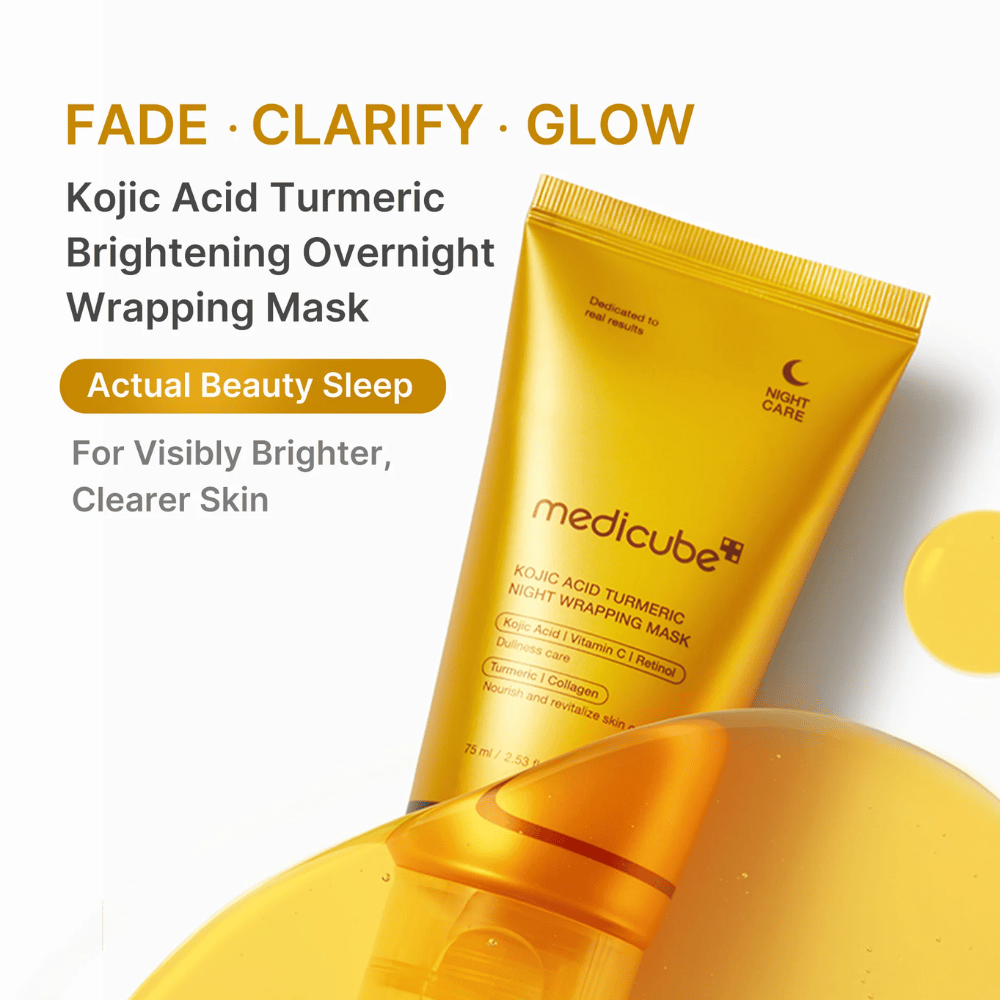 Medicube Kojic Acid Turmeric Night Wrapping Mask v zlatej tube na nočnú starostlivosť o pleť, ktorá pomáha dosiahnuť jasnejšiu, rovnomernejšiu a žiarivejšiu pleť.