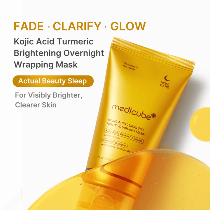 Medicube Kojic Acid Turmeric Night Wrapping Mask v zlatej tube na nočnú starostlivosť o pleť, ktorá pomáha dosiahnuť jasnejšiu, rovnomernejšiu a žiarivejšiu pleť.