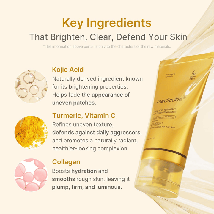 Medicube Kojic Acid Turmeric Night Wrapping Mask s kyselinou kojovou, kurkumou, vitamínom C a kolagénom pre rozjasnenie, hydratáciu a rovnomernejší tón pleti.