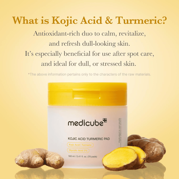 Informačný obrázok pre Medicube Kojic Acid Turmeric Pad so zameraním na kyselinu kojovú a kurkumu ako na antioxidantmi bohaté zložky pre rozjasnenie, upokojujúci účinok a osvieženú pleť.
