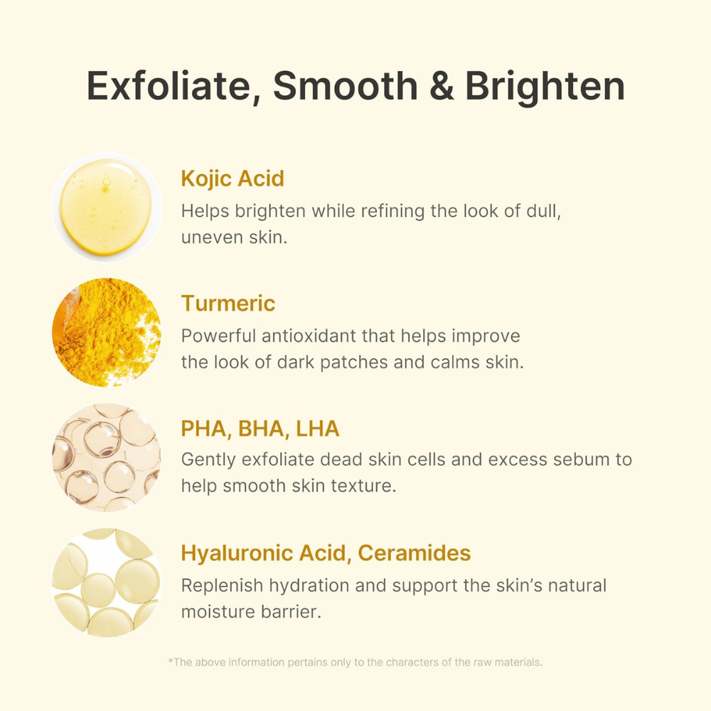 Medicube Kojic Acid Turmeric Peel Shot s kyselinou kojovou, kurkumou, PHA, BHA, LHA, kyselinou hyalurónovou a ceramidmi.