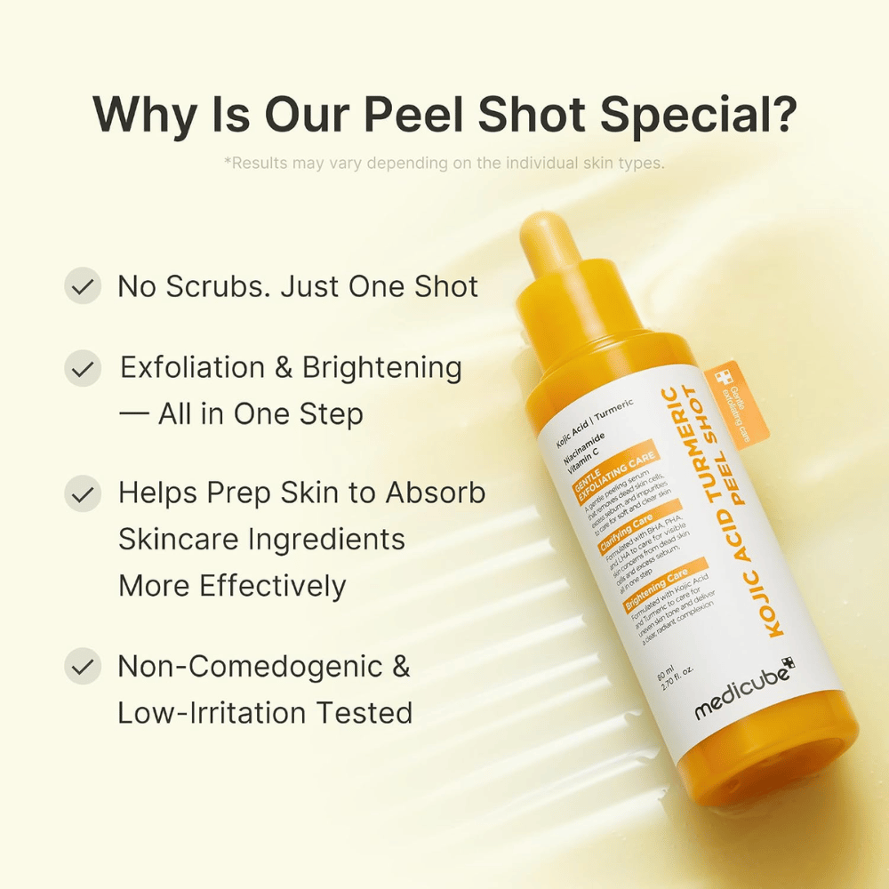 Medicube Kojic Acid Turmeric Peel Shot – exfoliačný peeling s kyselinou kojovou a kurkumou pre rovnomernejší tón pleti, jas a hladšiu pokožku.