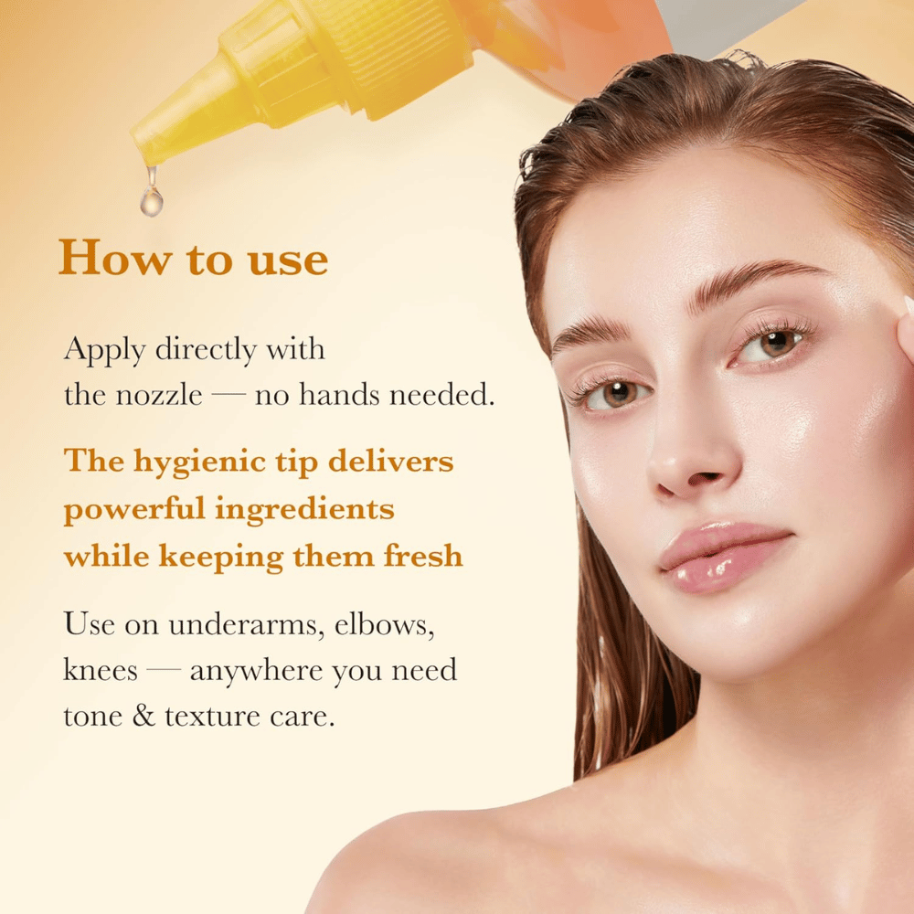 Obrázok použitia pre Medicube Kojic Acid Turmeric Resurfacing Toner, ktorý ukazuje hygienickú aplikáciu priamo pomocou špičkového aplikátora na starostlivosť o tón a textúru pokožky napríklad na lakťoch a kolenách.