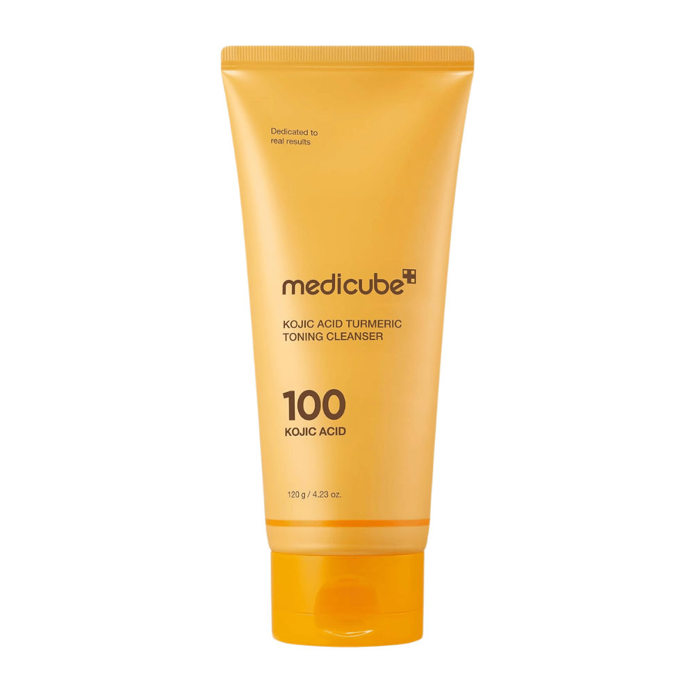 Medicube Kojic Acid Turmeric Toning Cleanser 120 g, čistiaci prípravok na tvár s kyselinou kojovou a kurkumou v žltej tube na bielom pozadí.