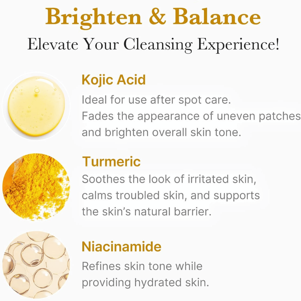 Medicube Kojic Acid Turmeric Toning Cleanser s kyselinou kojovou, kurkumou a niacínamidom. Prehľad zložiek pre zjednotenejší tón pleti.