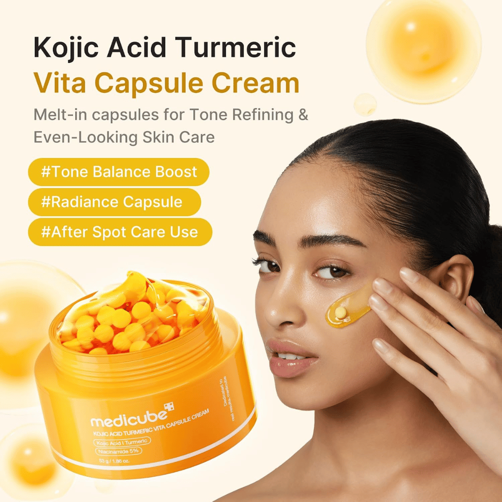 4. Medicube Kojic Acid Turmeric Vita Capsule Cream – rozjasňujúci pleťový krém s kapsulami nanášaný na líce
