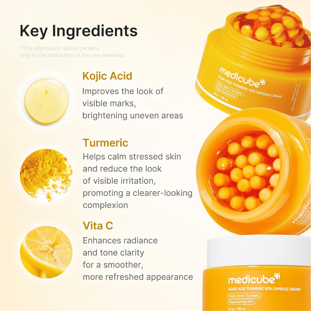 3. Medicube Kojic Acid Turmeric Vita Capsule Cream – pleťový krém s kyselinou kojovou, kurkumou a vitamínom C pre rovnomernejší tón pleti