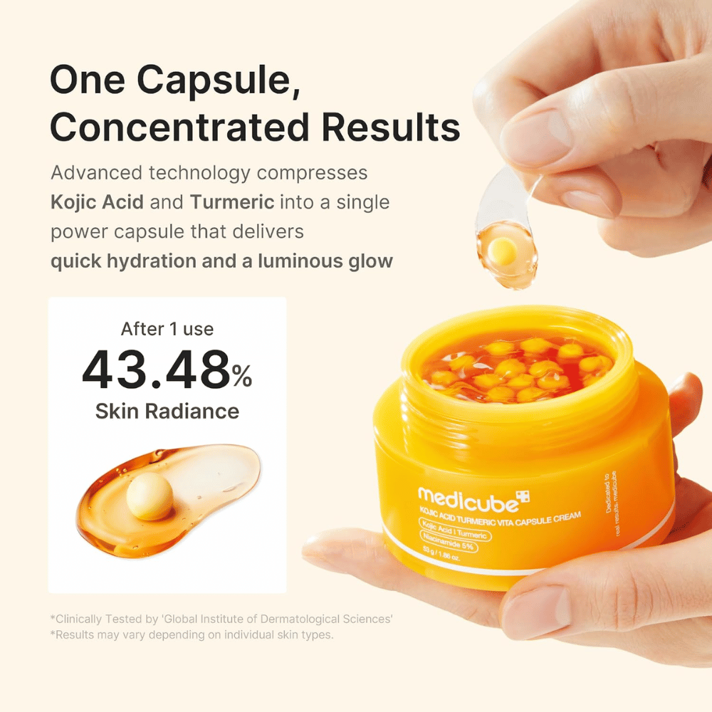 1. Medicube Kojic Acid Turmeric Vita Capsule Cream – pleťový krém s koncentrovanými kapsulami na hydratáciu a zvýšenie jasu