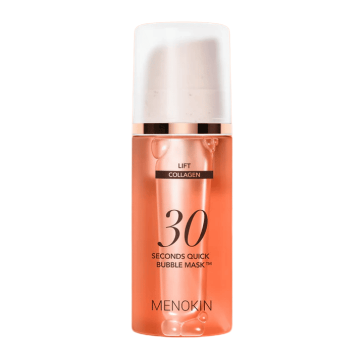 Produktová fotografia na bielom pozadí produktu MENOKIN LIFT 30 Seconds Quick Bubble Mask, ktorá jasne ukazuje elegantný oranžový dizajn a pumpičkové balenie.