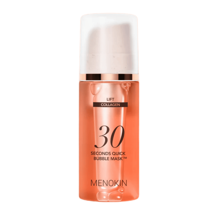 Produktová fotografia na bielom pozadí produktu MENOKIN LIFT 30 Seconds Quick Bubble Mask, ktorá jasne ukazuje elegantný oranžový dizajn a pumpičkové balenie.