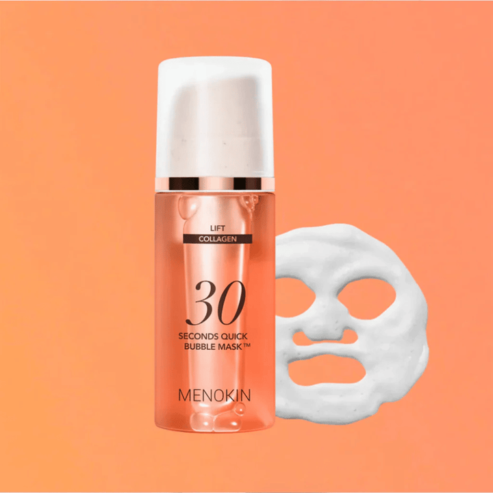 Produktová fotografia MENOKIN LIFT 30 Seconds Quick Bubble Mask s oranžovým pozadím a tvarom penovej masky, ktorý symbolizuje rýchlu a efektívnu pleťovú masku už za 30 sekúnd.