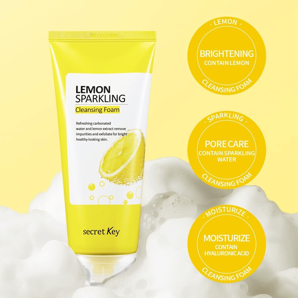 Secret Key Lemon Sparkling Cleansing Foam – penivý čistiaci prostriedok na tvár, ktorý čistí póry, hydratuje s kyselinou hyalurónovou a rozjasňuje pokožku.