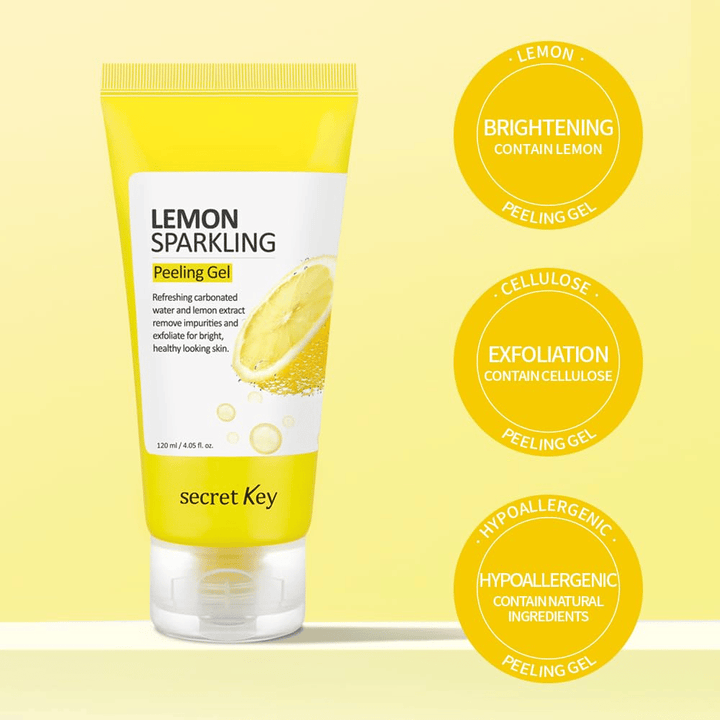 Secret Key Lemon Sparkling Peeling Gel – obsahuje citrón a celulózu na exfoliáciu, žiarivosť a jemnejšiu pokožku, jemný k citlivej pokožke.