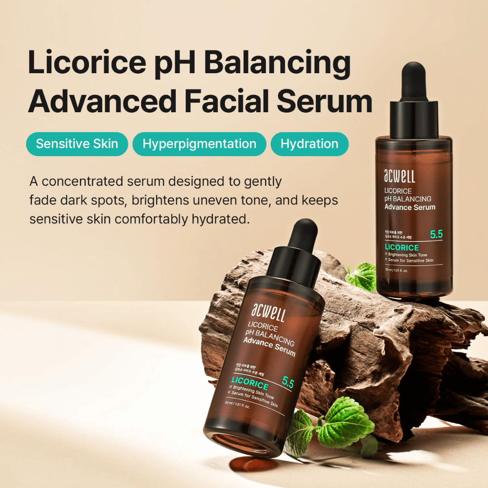 Marketingový obrázok pre Acwell Licorice pH Balancing Advance Serum so zameraním na citlivú pleť, hyperpigmentáciu a hydratáciu.