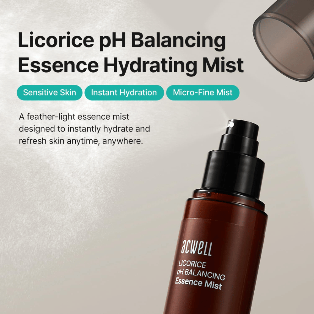 Acwell Licorice pH Balancing Essence Mist so zameraním na citlivú pleť, intenzívnu hydratáciu a mikrojemnú technológiu rozprašovania. Osviežujúca essence hmla, ktorá hydratuje pleť kedykoľvek počas dňa.