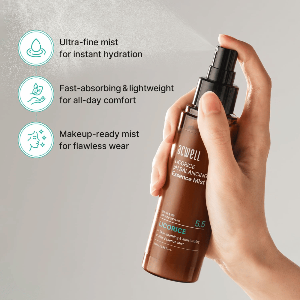 Acwell Licorice pH Balancing Essence Mist sa rozprašuje v jemnej hmle. Ľahká formula, ktorá sa rýchlo vstrebáva, poskytuje okamžitú hydratáciu a funguje s mejkapom aj bez neho.