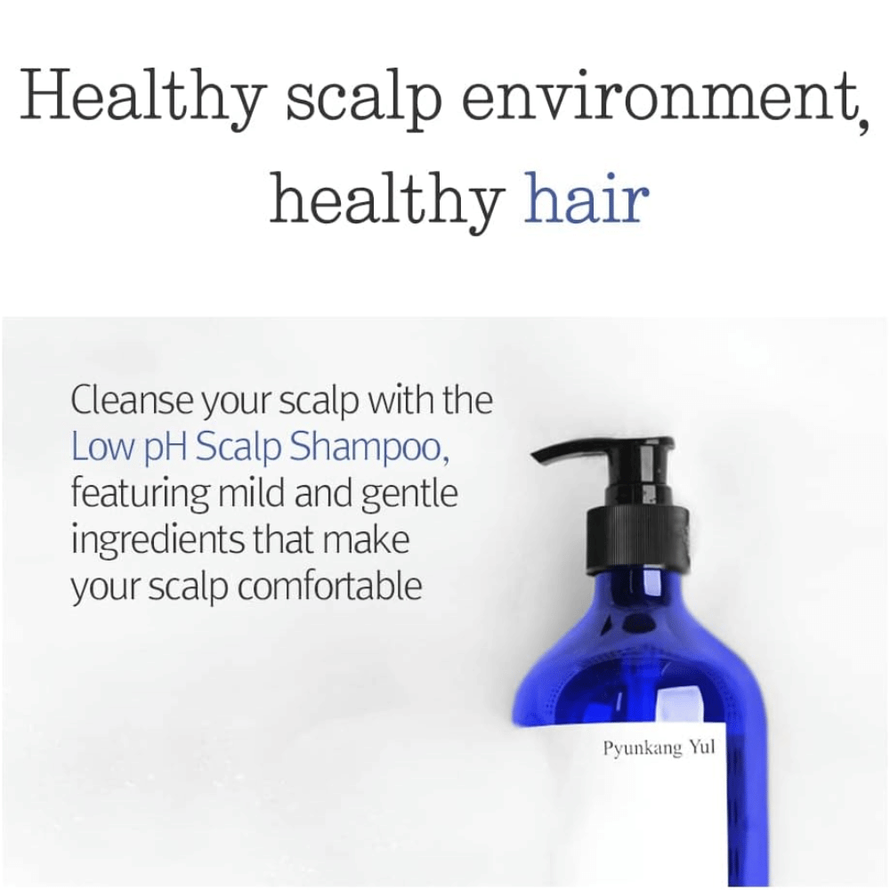 Informatívny obrázok, ktorý zvýrazňuje Pyunkang Yul Low pH Scalp Shampoo a jeho jemné zloženie pre vyvážené a zdravé prostredie pokožky hlavy.