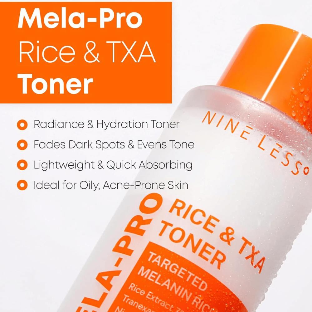 5. NINE LESS MELA-PRO Rice & TXA Toner – hydratačné pleťové tonikum, ktoré pomáha znižovať viditeľnosť tmavých škvŕn a nerovnomerného tónu pleti