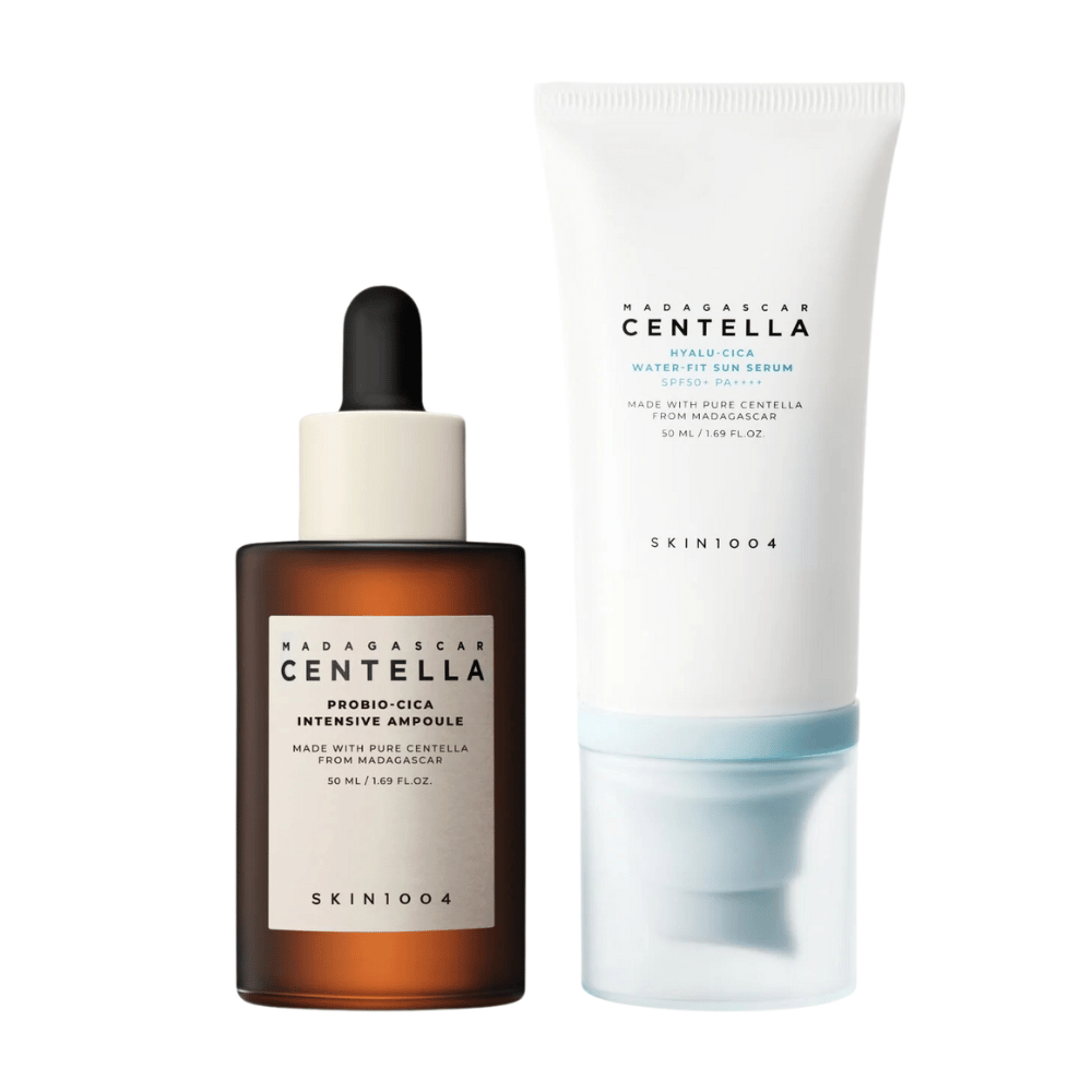 Dva produkty starostlivosti o pleť od SKIN1004 sú zobrazené: ampulka a ochranné sérum proti slnku, obe obsahujú centellu z Madagaskaru.