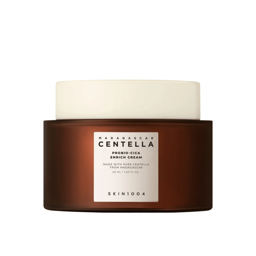 Hnedá nádoba s Madagascar Centella Probio-Cica Enrich Cream na neutrálnej pozadí.