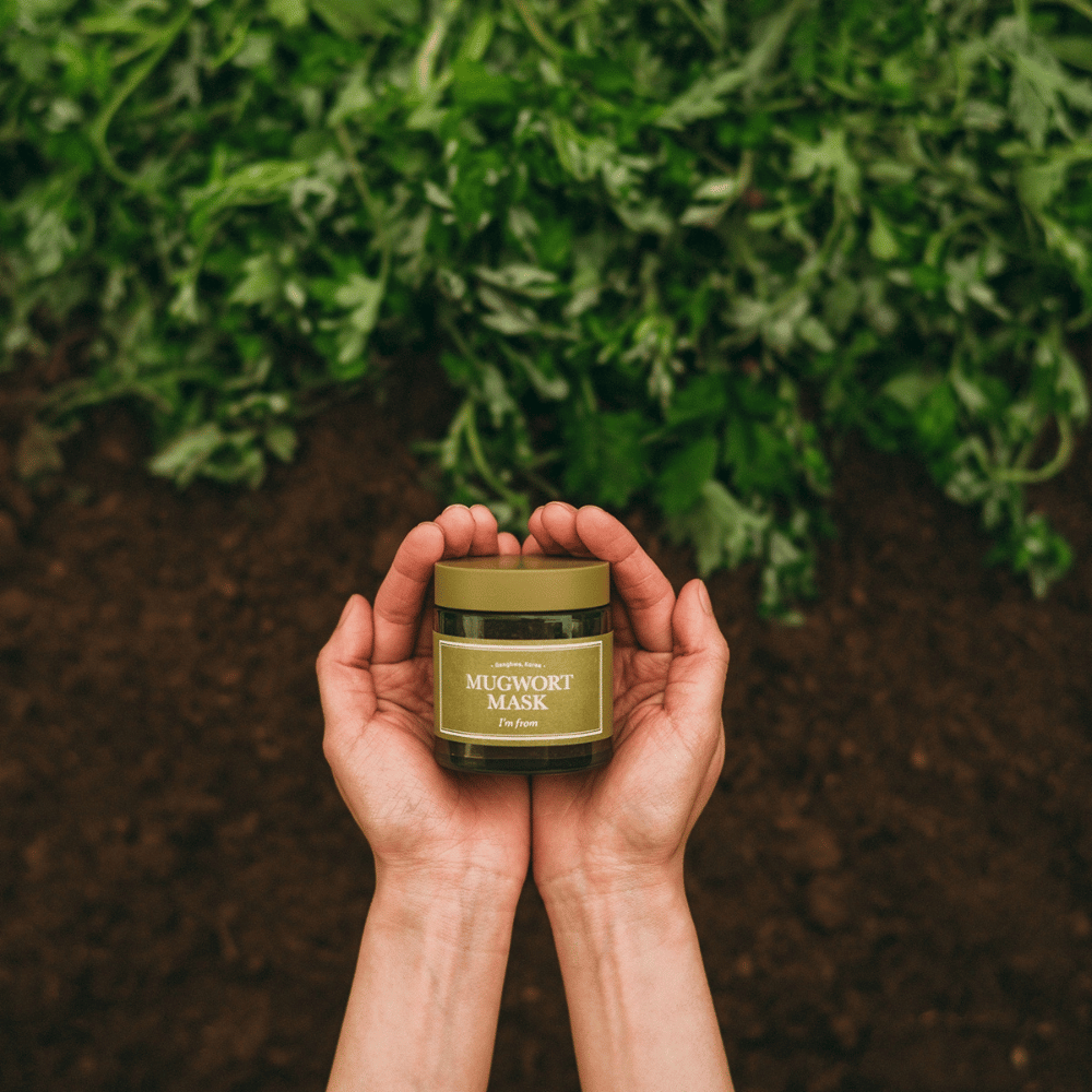 Ruky, ktoré držia I'm From Mugwort Mask na pozadí pôdy a čerstvých zelených bylín, čo zvýrazňuje prírodné zložky produktu.