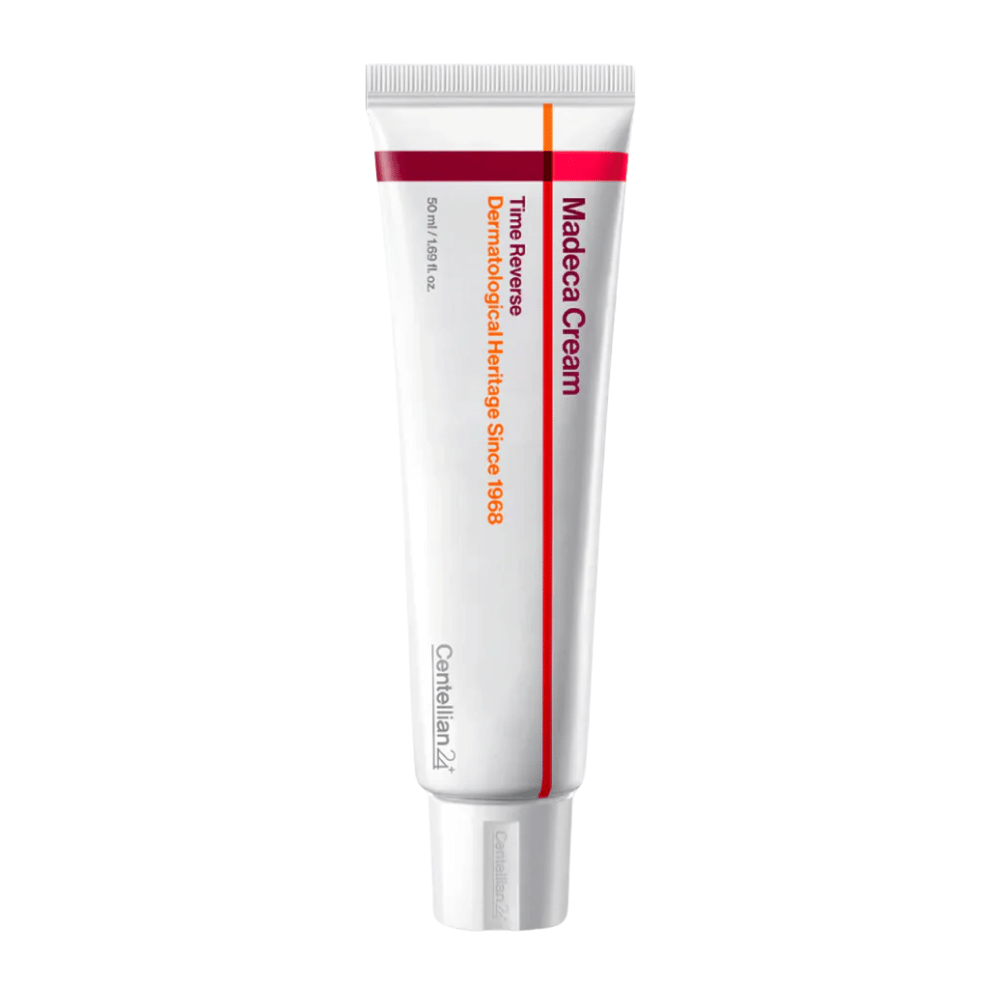 Obrázok produktu Centellian24 Madeca Cream Time Reverse v tube na bielom pozadí, opravný krém na tvár s centella asiatica, ktorý posilňuje kožnú bariéru a je vhodný pre citlivú pokožku.