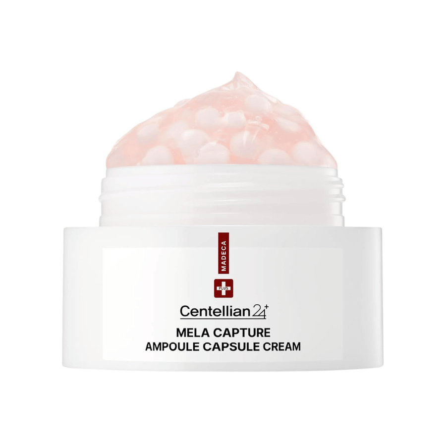 Detailný záber na Centellian24 Madeca Mela Capture Ampoule Capsule Cream, ktorý zobrazuje ružový gélový krém so zapuzdrenými ampulkovými guľôčkami v tégliku.