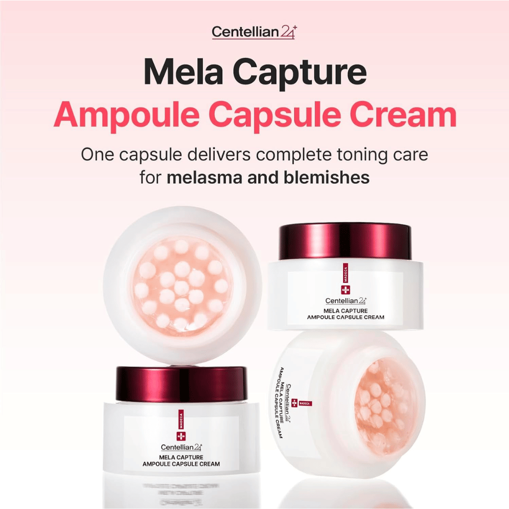 Produktový obrázok Centellian24 Madeca Mela Capture Ampoule Capsule Cream so zameraním na ampulkové kapsuly a zloženie vyvinuté na starostlivosť o nerovnomerný tón pleti a pigmentáciu.