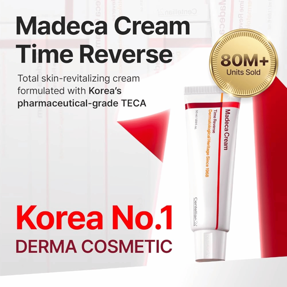 Centellian24 Madeca Cream Time Reverse je prezentovaný ako popredný kórejský derma-krém s TECA, predaných viac ako 80 miliónov kusov a zameraný na obnovu pokožky a posilnenie bariéry.