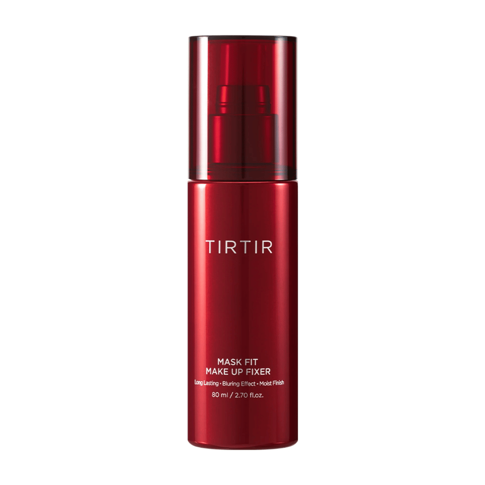 Červená fľaša TIRTIR Mask Fit Make Up Fixer na bielom pozadí, navrhnutá pre dlhodobú fixáciu make-upu s rozmazávacím efektom a vlhkým finišom.