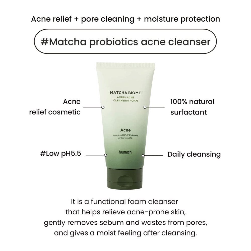 Heimish Matcha Biome Amino Acne Cleansing Foam low pH 5.5 – čistenie akné, ktoré čistí póry, znižuje maz a hydratuje pokožku